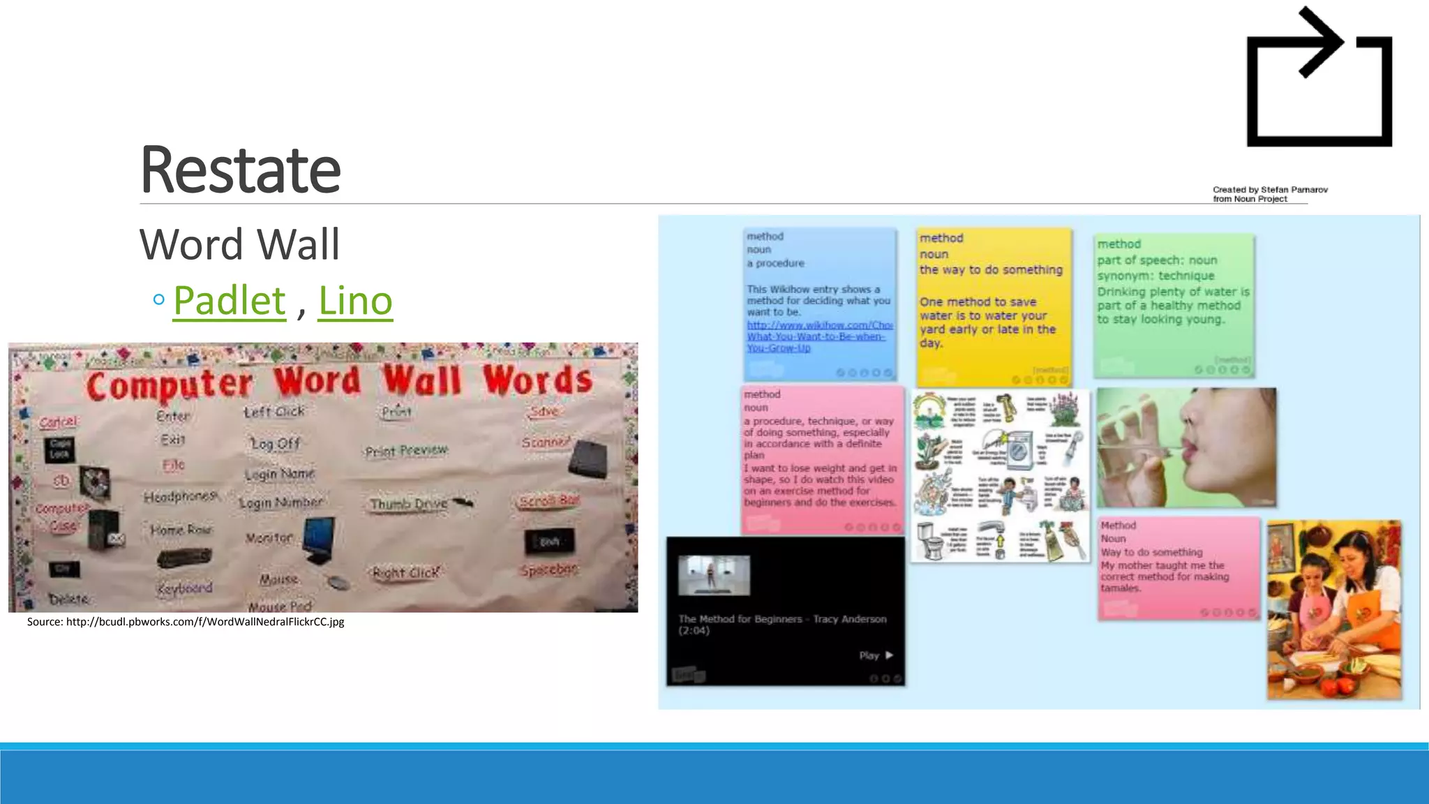 Restate
Word Wall
◦Padlet , Lino
Source: http://bcudl.pbworks.com/f/WordWallNedralFlickrCC.jpg
 
