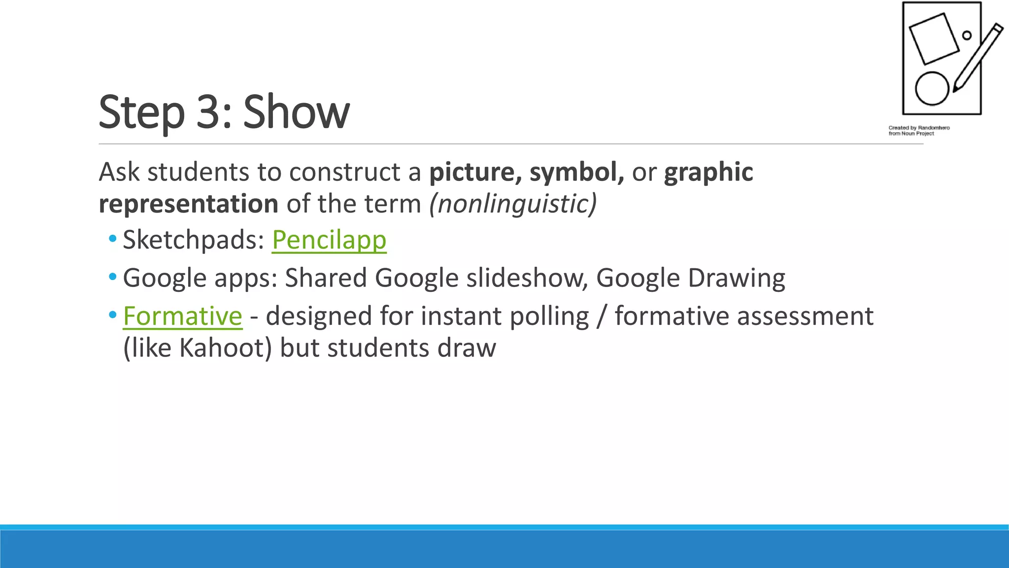 Step 3: Show
Ask students to construct a picture, symbol, or graphic
representation of the term (nonlinguistic)
• Sketchpads: Pencilapp
• Google apps: Shared Google slideshow, Google Drawing
• Formative - designed for instant polling / formative assessment
(like Kahoot) but students draw
 