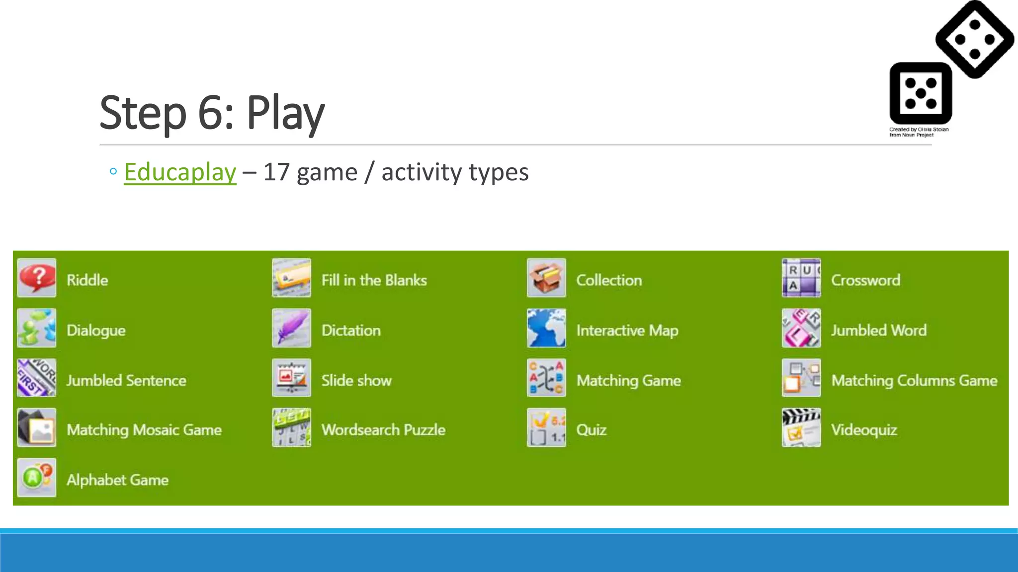 Step 6: Play
◦ Educaplay – 17 game / activity types
 