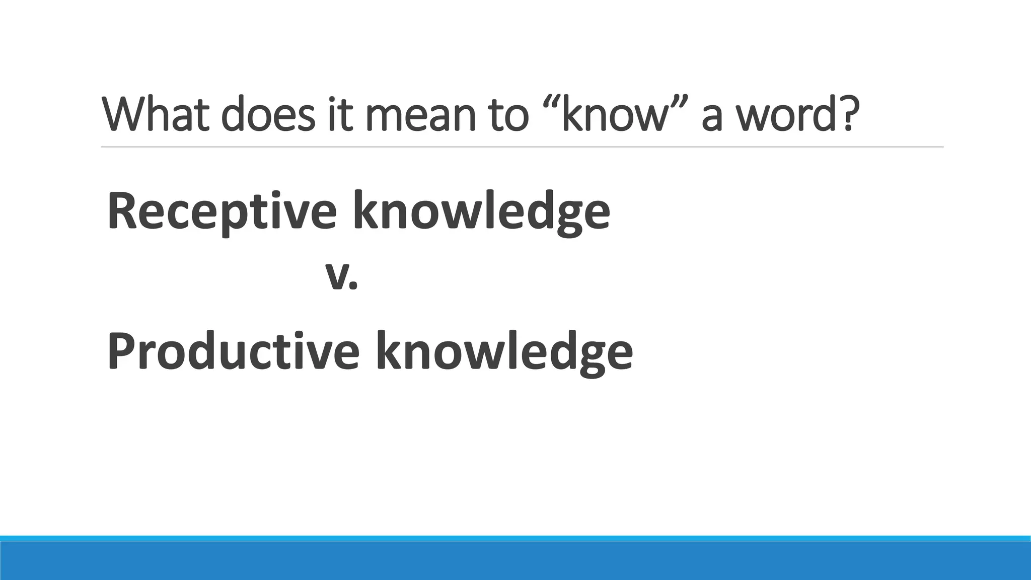 What does it mean to “know” a word?
Receptive knowledge
v.
Productive knowledge
 