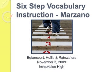 Six Step Vocabulary
Instruction - Marzano
Betancourt, Hollis & Rainwaters
November 3, 2009
Immokalee High
 