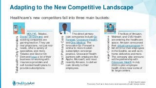© 2020 Health Catalyst
Proprietary. Feel free to share but we would appreciate a Health Catalyst citation.
Adapting to the New Competitive Landscape
Healthcare’s new competitors fall into three main buckets:Telehealth-OnlyProviders
MDLIVE, Teladoc,
Doctor On Demand, and
existing companies are
gaining traction. They use
real physicians, not just mid-
levels, offer a variety of
specialties, and more.
Teladoc and Doctor On
Demand focus a lot of their
business on working with
insurance providers and
self-funded health plans to
provide subscriptions.
DirectPrimaryCare
The direct primary
care companies include Go
Forward, Crossover Health,
and One Medical. The
innovative Go Forward is
similar to more modern
subscription concierge
practice. Crossover Health
partners with employers like
Apple, Microsoft, and most
recently Amazon, to deliver
care directly to their
employees.
LargeCorporations
The likes of Amazon,
Walmart, and CVS Health
are entering the healthcare
space. Amazon announced
their virtual care program in
fall 2019 for their employees
in the Seattle, as well as in-
home deliveries and more.
The company also announc-
ed the partnership with
Crossover Health in July
2020 to pilot employee
health clinics near some of
its large centers.
 
