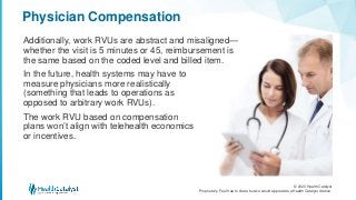 © 2020 Health Catalyst
Proprietary. Feel free to share but we would appreciate a Health Catalyst citation.
Physician Compensation
Additionally, work RVUs are abstract and misaligned—
whether the visit is 5 minutes or 45, reimbursement is
the same based on the coded level and billed item.
In the future, health systems may have to
measure physicians more realistically
(something that leads to operations as
opposed to arbitrary work RVUs).
The work RVU based on compensation
plans won’t align with telehealth economics
or incentives.
 
