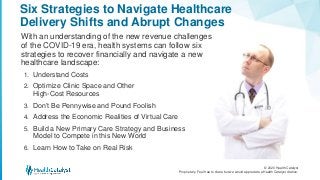 © 2020 Health Catalyst
Proprietary. Feel free to share but we would appreciate a Health Catalyst citation.
Six Strategies to Navigate Healthcare
Delivery Shifts and Abrupt Changes
With an understanding of the new revenue challenges
of the COVID-19 era, health systems can follow six
strategies to recover financially and navigate a new
healthcare landscape:
1. Understand Costs
2. Optimize Clinic Space and Other
High-Cost Resources
3. Don’t Be Pennywise and Pound Foolish
4. Address the Economic Realities of Virtual Care
5. Build a New Primary Care Strategy and Business
Model to Compete in this New World
6. Learn How to Take on Real Risk
 