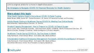 © 2020 Health Catalyst
Proprietary. Feel free to share but we would appreciate a Health Catalyst citation.
More about this topic
Link to original article for a more in-depth discussion.
Six Strategies to Navigate COVID-19 Financial Recovery for Health Systems
What Health Systems Need to Know About COVID-19 Relief Funding
Bobbi Brown, MBA, Senior VP; Daniel Orenstein, JD, Senior VP, General Counsel, and Secretary
Activity-Based Costing in Healthcare During COVID-19: Meeting Four Critical Needs
Bob Alexander, Implementation Services, Sr. Director
Hospital Capacity Management: How to Prepare for COVID-19 Patient Surges
Jason Jones, PhD, Chief Data Scientist; John Hansmann, MSIE, LFHIMSS, DSHS, Professional Services, VP;
Monica Horvath, Strategic Consultant, Health Intelligence & Product Adoption
Healthcare Trends During COVID-19: Top Five Areas to Watch
Holly Rimmasch, Chief Clinical Officer; Ed Corbett, MD, Medical Officer
A Sustainable Healthcare Emergency Management Framework: COVID-19 and Beyond (whitepaper)
Holly Rimmasch, Chief Clinical Officer; Ed Corbett, MD, Medical Officer
Anne Marie Bickmore, Senior Vice President, Company Operations
 