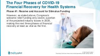© 2020 Health Catalyst
Proprietary. Feel free to share but we would appreciate a Health Catalyst citation.
The Four Phases of COVID-19
Financial Recovery for Health Systems
Phase #1: Receive and Account for Stimulus Funding
However, as stated above, Congress’s
welcome relief funding only covers a portion
of the projected industry losses in 2020,
making the next three phases of financial
recovery at least as vital as the first.
 