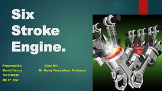 Six
Stroke
Engine.
Presented By: Given By:
Manish Verma Mr. Manoj Verma (Asso. Professor)
1618740036
ME 4th Year
 