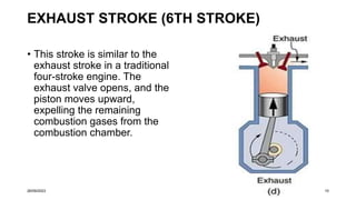 EXHAUST STROKE (6TH STROKE)
• This stroke is similar to the
exhaust stroke in a traditional
four-stroke engine. The
exhaust valve opens, and the
piston moves upward,
expelling the remaining
combustion gases from the
combustion chamber.
26/09/2023 10
 