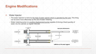 Engine Modifications
4. Water Injector:
▪ The water injection is done by the help of water injector which is operated by the cam. This thing
can be done more effectively by the use of water metering.
▪ Water metering pump is a positive displacement pump capable of driving a fixed quantity of
water into the cylinder at regular intervals.
 