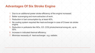 Advantages Of Six Stroke Engine
1. Due to an additional power stroke efficiency of the engine increased.
2. Better scavenging and more extraction of work .
3. Reduction in fuel consumption by at least 40%.
4. No cooling system required like heat exchanger in case of Crower six stroke
engine.
5. Reduction in pollutants like NOx, CO ,CO2,photochemical smog etc, up to
55%.
6. Increase in indicated thermal efficiency.
7. Minimize necessity of heat exchanger e.g. radiator.
 