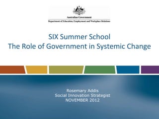 SIX Summer School
The Role of Government in Systemic Change




                   Rosemary Addis
             Social Innovation Strategist
                  NOVEMBER 2012
 