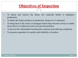 Objectives of Inspection
1. To detect and remove the faulty raw materials before it undergoes
production.
2. To detect the faulty products in production whenever it is detected.
3. To bring facts to the notice of managers before they become serious to enable
them discover weaknesses and overcome the problem.
4. To prevent the substandard reaching the customer and reducing complaints.
5. To promote reputation for quality and reliability of product.
June 21
VAISHALI DANDGE
 
