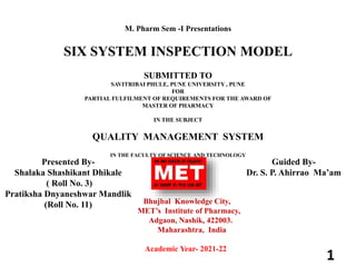 M. Pharm Sem -I Presentations
SIX SYSTEM INSPECTION MODEL
SUBMITTED TO
SAVITRIBAI PHULE, PUNE UNIVERSITY , PUNE
FOR
PARTIAL FULFILMENT OF REQUIREMENTS FOR THE AWARD OF
MASTER OF PHARMACY
IN THE SUBJECT
QUALITY MANAGEMENT SYSTEM
IN THE FACULTY OF SCIENCE AND TECHNOLOGY
Bhujbal Knowledge City,
MET’s Institute of Pharmacy,
Adgaon, Nashik, 422003.
Maharashtra, India
Academic Year- 2021-22
1
Presented By-
Shalaka Shashikant Dhikale
( Roll No. 3)
Pratiksha Dnyaneshwar Mandlik
(Roll No. 11)
Guided By-
Dr. S. P. Ahirrao Ma’am
 