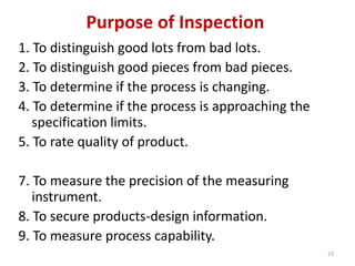 Purpose of Inspection
1. To distinguish good lots from bad lots.
2. To distinguish good pieces from bad pieces.
3. To determine if the process is changing.
4. To determine if the process is approaching the
specification limits.
5. To rate quality of product.
7. To measure the precision of the measuring
instrument.
8. To secure products-design information.
9. To measure process capability.
23
 