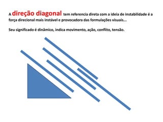 A direção diagonal                tem referencia direta com a ideia de instabilidade é a
força direcional mais instável e provocadora das formulações visuais...

Seu significado é dinâmico, indica movimento, ação, conflito, tensão.
 