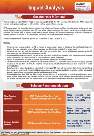 The Reserve Bank of India (RBI) kept the policy rates unchanged to 5.15%. The RBI’s Monetary Policy Committee (MPC) decision to
maintain existing rates was brought on in line with the evolving growth-inflation dynamics
MPC acknowledged that factors like telecom charges, food inflation and hardening of food items like pulses and proteins, have
pushed the inflation above the tolerance band. RBI expects food inflation to moderate, but expects overall inflation outlook to remain
uncertain. This resulted MPC to keep the policy rates unchanged. However, MPC remained cautious on the growth trajectory and
gave the assurance to maintain its “accommodative” policy stance as long as necessary to revive growth
RBI has revised its inflation projections upwards to 6.5% for Q4 FY 20 and 5.4-5.0% for H1 FY21.
Our View
• The environment remains conducive for RBI to maintain its accommodative stance on the back of domestic factors like growth
slowing down and expectation of food inflation easing out and global central banks likely to remain dovish
• We expect one more rate cut in the subsequent policy meet but the timing of the rate cut would be data dependent as the RBI
may want to see how the inflation-growth dynamics evolve
• We believe RBI’s move to conduct 1 Year and 3 Year repos with combination of operation twist may ensure better monetary
policy transmission. This could be positive for carry assets due to spread compression
• System liquidity remained in surplus on the back of government spending and RBI forex purchases
• The transmission of rates to the credit market has gradually improved. As against the previous cumulative policy repo rate
reduction of 135 bps from Feb 2019, the weighted average lending rate (WALR) on fresh rupee loans sanctioned by banks
declined by 69bps
• Going forward, we believe that portfolios with maturity in the range of 2-5 years with combination of short term assets and long
term assets may perform well. Focus should be on accumulating spread assets to give better carry to the portfolio with tactical
exposure towards longer term assets to give the capital appreciation flavour
• The spread between GSec/ AAA and AA/A remains elevated. Hence, it is recommended to invest in accrual schemes which
invest in higher spread assets and may earn the higher carry over repo rate. Having said that, we remain heedful of managing
the liquidity, concentration, credit and duration in our accrual portfolios to provide investor with better risk adjusted returns
Our Analysis & Outlook
Scheme Recommendations
Short Duration
Schemes
ICICI Prudential Short Term Fund
ICICI Prudential Banking & PSU Debt Fund
These schemes may
benefit from mitigating
interest rate volatility
Accrual Schemes
ICICI Prudential Credit Risk Fund
ICICI Prudential Medium Term Bond Fund
These schemes may
benefit from capturing
yields at elevated levels
Dynamic Duration
Scheme
ICICI Prudential All Seasons Bond Fund
This scheme may benefit
from volatility by actively
managing duration
Impact Analysis
Data Source: RBI Sixth Bi-Monthly Monetary Policy Statement 2019-20 dated February 6, 2020, RBI Statement on Developmental and
Regulatory Policies dated February 6, 2020
 
