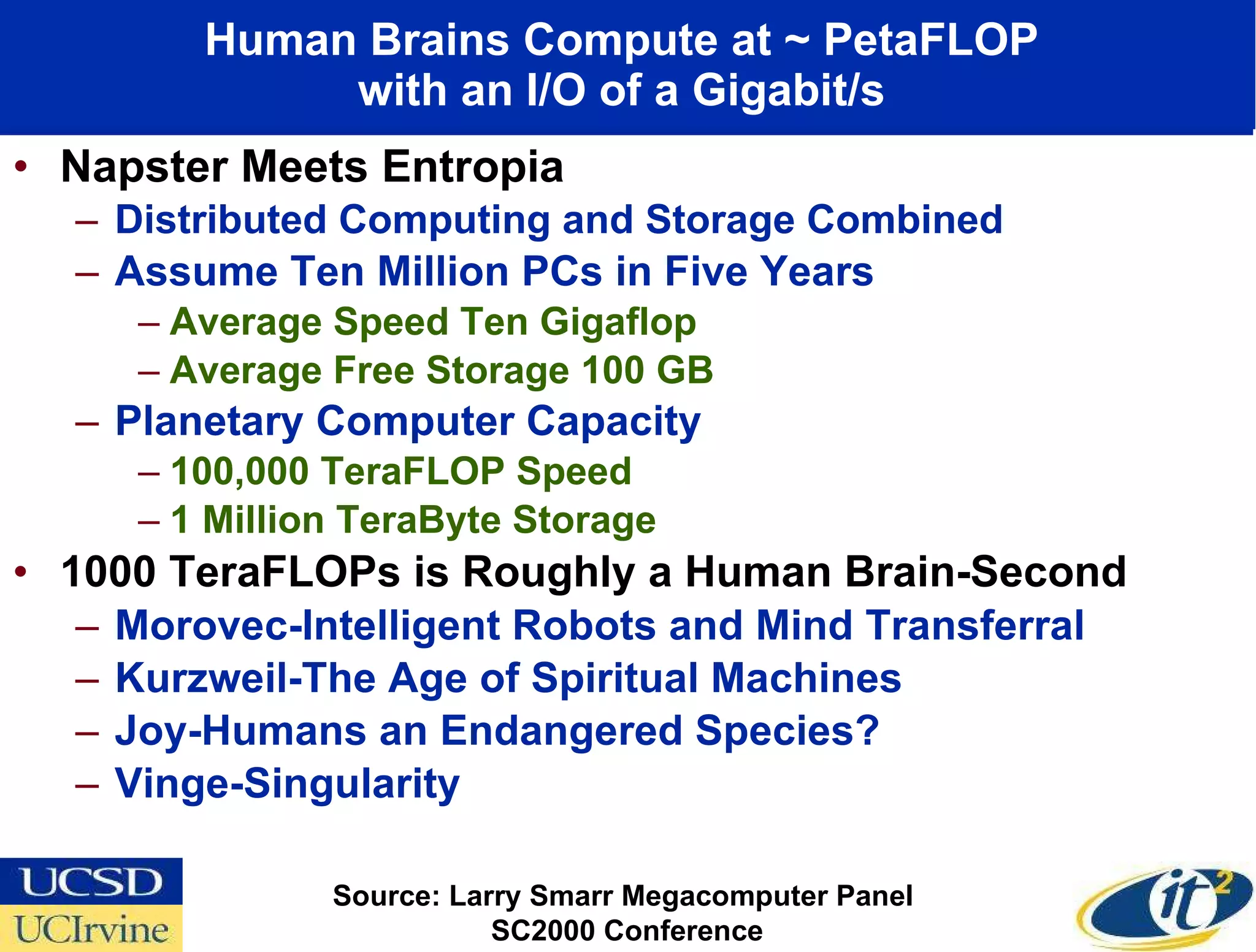 Human Brains Compute at ~ PetaFLOP  with an I/O of a Gigabit/s  Napster Meets Entropia Distributed Computing and Storage Combined Assume Ten Million PCs in Five Years Average Speed Ten Gigaflop Average Free Storage 100 GB Planetary Computer Capacity 100,000 TeraFLOP Speed 1 Million TeraByte Storage 1000 TeraFLOPs is Roughly a Human Brain-Second Morovec-Intelligent Robots and Mind Transferral Kurzweil-The Age of Spiritual Machines Joy-Humans an Endangered Species? Vinge-Singularity  Source: Larry Smarr Megacomputer Panel  SC2000 Conference 