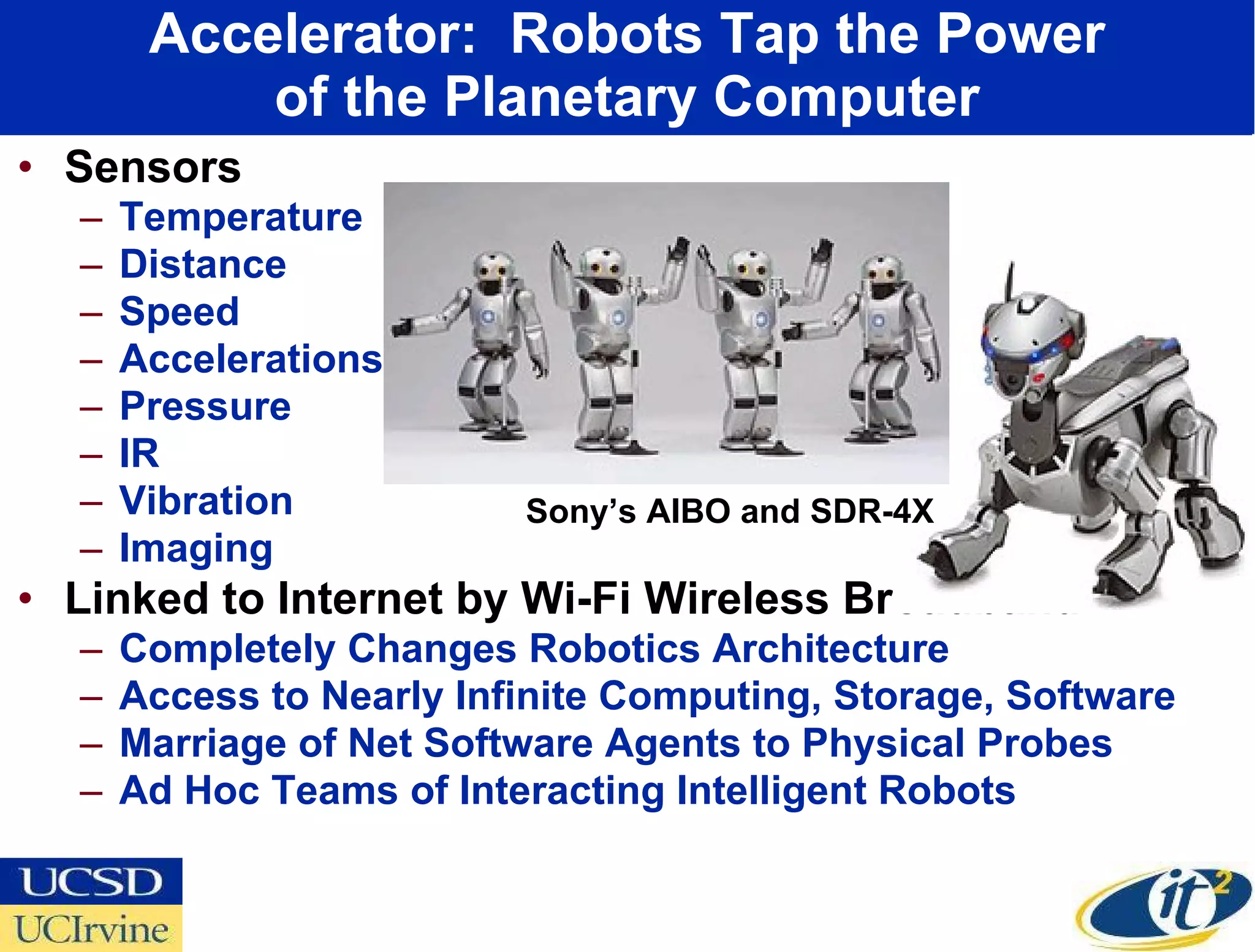 Accelerator:  Robots Tap the Power of the Planetary Computer Sensors Temperature  Distance  Speed Accelerations  Pressure  IR  Vibration  Imaging  Linked to Internet by Wi-Fi Wireless Broadband Completely Changes Robotics Architecture Access to Nearly Infinite Computing, Storage, Software  Marriage of Net Software Agents to Physical Probes Ad Hoc Teams of Interacting Intelligent Robots Sony’s AIBO and SDR-4X 