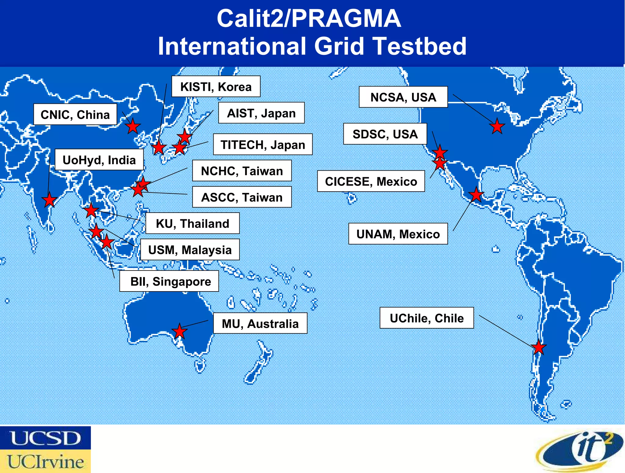 Calit2/PRAGMA  International Grid Testbed AIST, Japan CNIC, China KISTI, Korea ASCC, Taiwan NCHC, Taiwan UoHyd, India MU, Australia BII, Singapore KU, Thailand USM, Malaysia NCSA, USA SDSC, USA CICESE, Mexico UNAM, Mexico UChile, Chile TITECH, Japan 