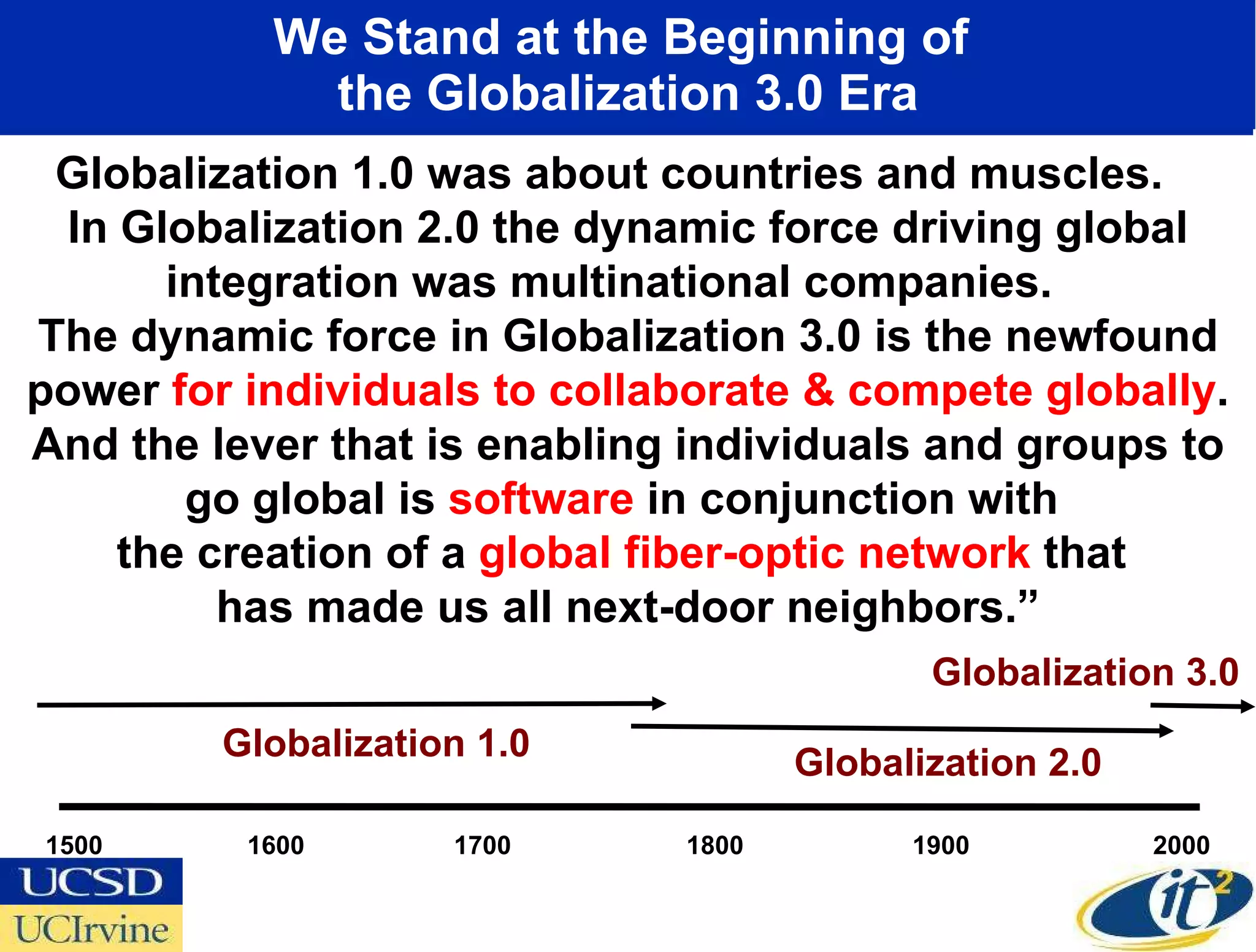We Stand at the Beginning of  the Globalization 3.0 Era Globalization 1.0 was about countries and muscles.  In Globalization 2.0 the dynamic force driving global integration was multinational companies.  The dynamic force in Globalization 3.0 is the newfound power  for individuals to collaborate & compete   globally . And the lever that is enabling individuals and groups to go global is  software  in conjunction with  the creation of a  global fiber-optic network  that  has made us all next-door neighbors.” 1500 1600 1700 1800 1900 2000 Globalization 1.0 Globalization 2.0 Globalization 3.0 