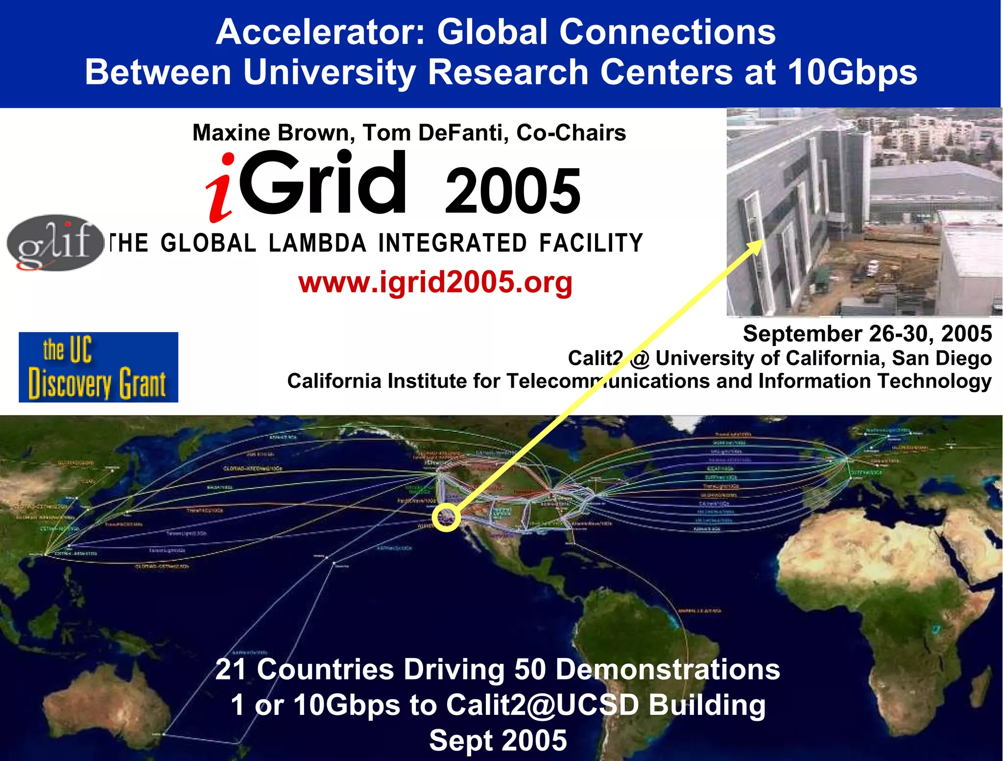 September 26-30, 2005 Calit2 @ University of California, San Diego California Institute for Telecommunications and Information Technology Accelerator: Global Connections  Between University Research Centers at 10Gbps T   H   E  G   L   O   B   A   L  L   A   M   B   D   A  I   N   T   E   G   R   A   T   E   D  F   A   C   I   L   I   T   Y   Maxine Brown, Tom DeFanti, Co-Chairs www.igrid2005.org 21 Countries Driving 50 Demonstrations 1 or 10Gbps to Calit2@UCSD Building Sept 2005 i Grid  2005 