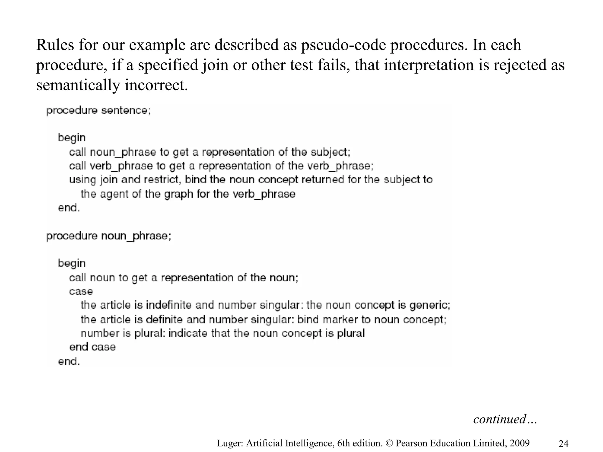 Luger: Artificial Intelligence, 6th edition. © Pearson Education Limited, 2009
Rules for our example are described as pseudo-code procedures. In each
procedure, if a specified join or other test fails, that interpretation is rejected as
semantically incorrect.
continued…
24
 