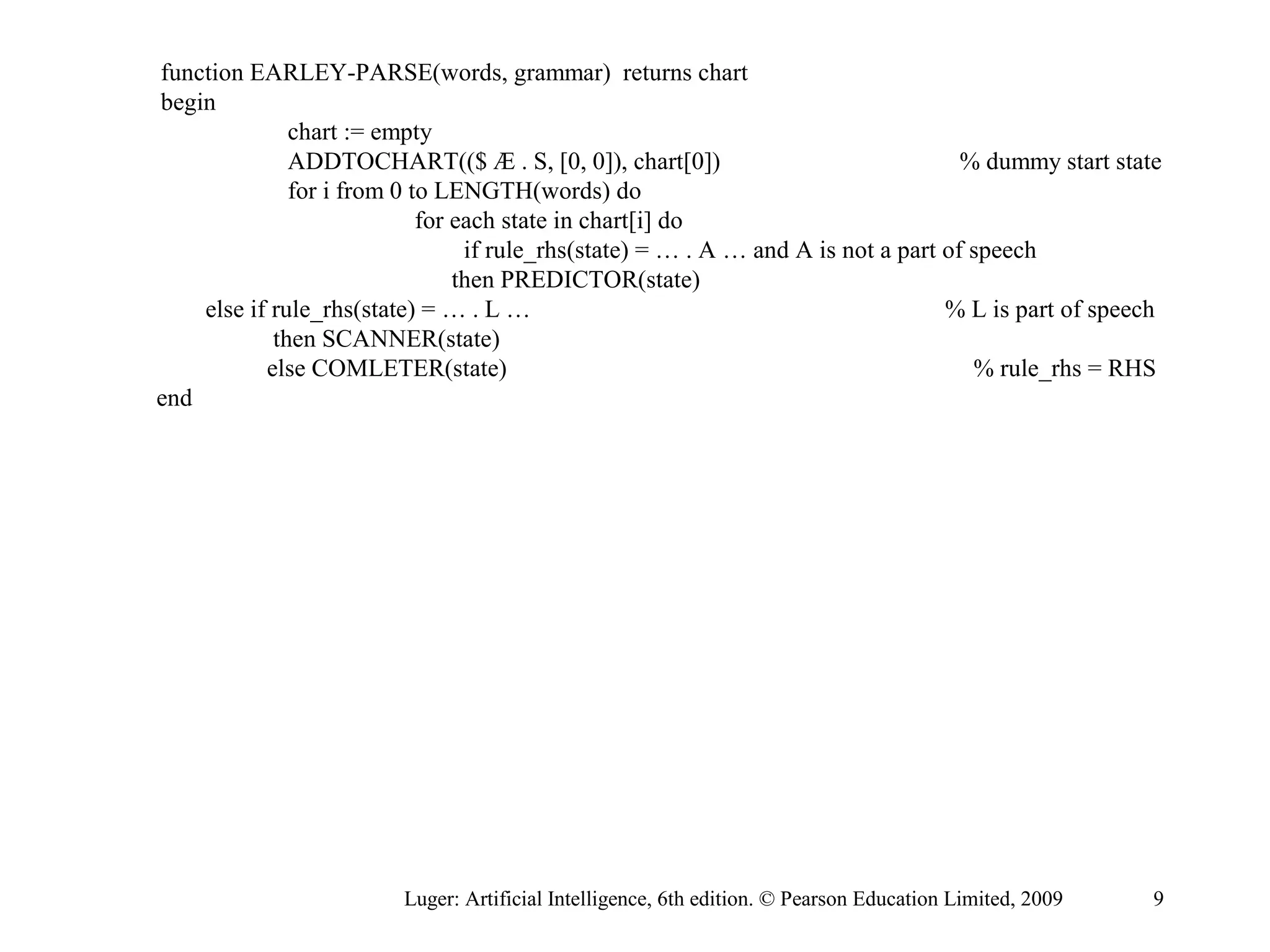 function EARLEY-PARSE(words, grammar) returns chart
begin
chart := empty
ADDTOCHART(($ Æ . S, [0, 0]), chart[0]) % dummy start state
for i from 0 to LENGTH(words) do
for each state in chart[i] do
if rule_rhs(state) = … . A … and A is not a part of speech
then PREDICTOR(state)
else if rule_rhs(state) = … . L … % L is part of speech
then SCANNER(state)
else COMLETER(state) % rule_rhs = RHS
end
Luger: Artificial Intelligence, 6th edition. © Pearson Education Limited, 2009 9
 