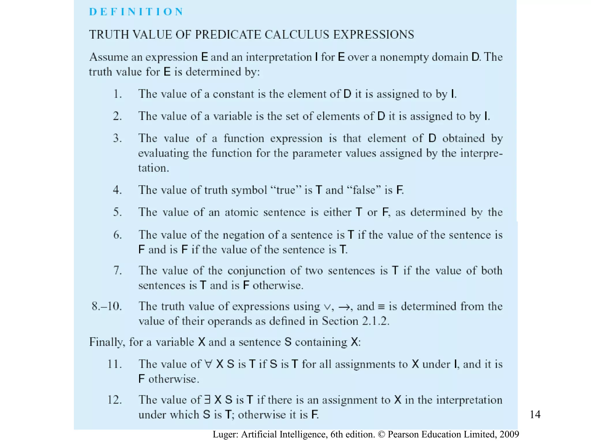Luger: Artificial Intelligence, 6th edition. © Pearson Education Limited, 2009
14
 