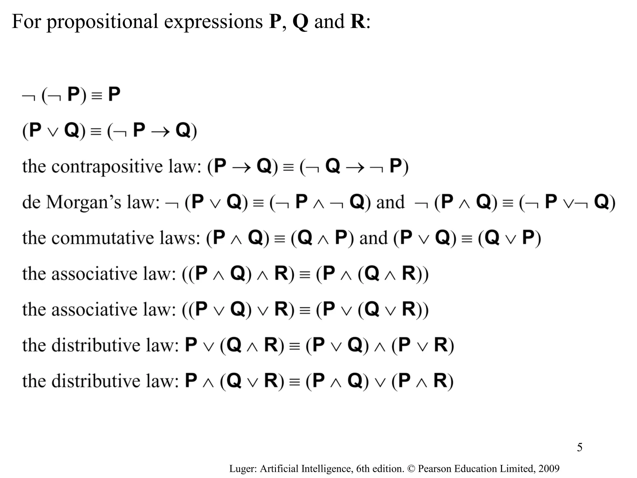 For propositional expressions P, Q and R:
Luger: Artificial Intelligence, 6th edition. © Pearson Education Limited, 2009
5
 