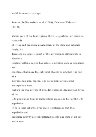 health insurance coverage.
Sources: DeNavas-Walt et al. (2006); DeNavas-Walt et al.
(2013).
Within each of the four regions, there is significant diversion in
standards
of living and economic development at the state and substate
levels. As
discussed previously, much of this diversion is attributable to
whether a
location within a region has natural amenities such as mountains
and
coastlines that make logical resort choices or whether it is part
of a
metropolitan area. Indeed, it is not regions or states but
metropolitan areas
that are the true drivers of U.S. development. Around four fifths
of the
U.S. population lives in metropolitan areas, and half of the U.S.
population
lives in their suburbs. Even more significant is that U.S.
population and
economic activity are concentrated in only one third of all our
metro areas:
 