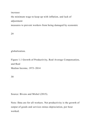 increase
the minimum wage to keep up with inflation, and lack of
adjustment
measures to prevent workers from being damaged by economic
29
globalization.
Figure 1.1 Growth of Productivity, Real Average Compensation,
and Real
Median Income, 1973–2014
30
Source: Bivens and Mishel (2015).
Note: Data are for all workers. Net productivity is the growth of
output of goods and services minus depreciation, per hour
worked.
 