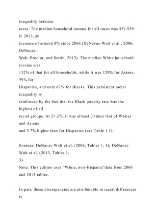 inequality between
races. The median household income for all races was $51,939
in 2013, an
increase of around 8% since 2006 (DeNavas-Walt et al., 2006;
DeNavas-
Walt, Proctor, and Smith, 2013). The median White household
income was
112% of that for all households, while it was 129% for Asians,
79% for
Hispanics, and only 67% for Blacks. This persistent racial
inequality is
reinforced by the fact that the Black poverty rate was the
highest of all
racial groups. At 27.2%, it was almost 3 times that of Whites
and Asians
and 3.7% higher than for Hispanics (see Table 1.1).
Sources: DeNavas-Walt et al. (2006, Tables 1, 3); DeNavas-
Walt et al. (2013, Tables 1,
3).
Note: This edition uses “White, non-Hispanic”data from 2006
and 2013 tables.
In part, these discrepancies are attributable to racial differences
in
 