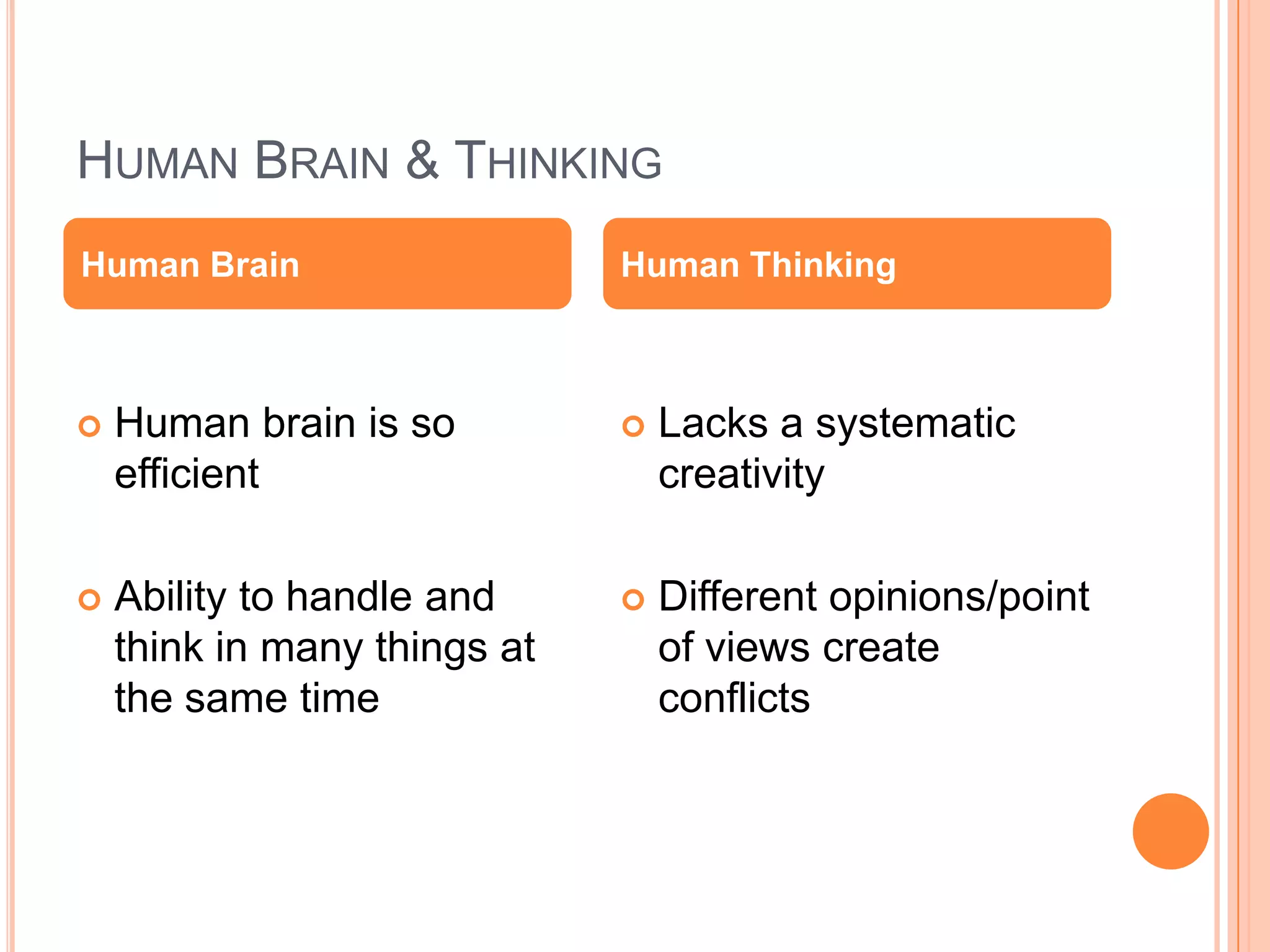 Human Brain & ThinkingHuman brain is so efficient Ability to handle and think in many things at the same timeLacks a systematic creativityDifferent opinions/point of views create conflictsHuman BrainHuman Thinking