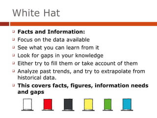 White Hat Facts and Information: Focus on the data available See what you can learn from it Look for gaps in your knowledge  Either try to fill them or take account of them Analyze past trends, and try to extrapolate from historical data. This covers facts, figures, information needs and gaps 