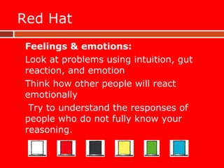 Red Hat Feelings & emotions: Look at problems using intuition, gut reaction, and emotion Think how other people will react emotionally Try to understand the responses of people who do not fully know your reasoning. 