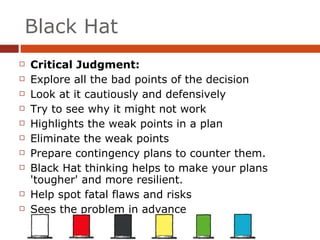Black Hat Critical Judgment: Explore all the bad points of the decision Look at it cautiously and defensively Try to see why it might not work Highlights the weak points in a plan Eliminate the weak points Prepare contingency plans to counter them.   Black Hat thinking helps to make your plans 'tougher' and more resilient. Help spot fatal flaws and risks Sees the problem in advance 