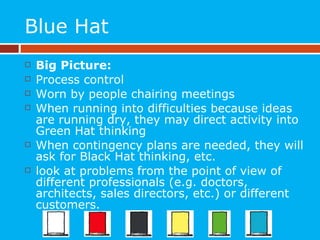 Blue Hat Big Picture: Process control Worn by people chairing meetings When running into difficulties because ideas are running dry, they may direct activity into Green Hat thinking When contingency plans are needed, they will ask for Black Hat thinking, etc. look at problems from the point of view of different professionals (e.g. doctors, architects, sales directors, etc.) or different customers. 