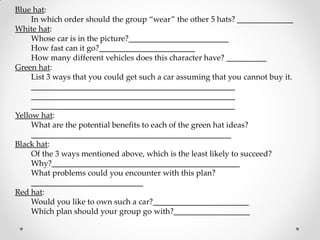 Blue hat:
In which order should the group “wear” the other 5 hats? ______________
White hat:
Whose car is in the picture?_________________________
How fast can it go?________________________
How many different vehicles does this character have? __________
Green hat:
List 3 ways that you could get such a car assuming that you cannot buy it.
___________________________________________________
___________________________________________________
___________________________________________________
Yellow hat:
What are the potential benefits to each of the green hat ideas?
__________________________________________________
Black hat:
Of the 3 ways mentioned above, which is the least likely to succeed?
Why?_______________________________________________
What problems could you encounter with this plan?
____________________________
Red hat:
Would you like to own such a car?________________________
Which plan should your group go with?___________________
 