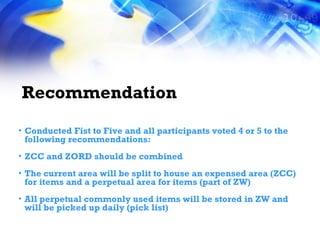 Recommendation   Conducted Fist to Five and all participants voted 4 or 5 to the following recommendations: ZCC and ZORD should be combined The current area will be split to house an expensed area (ZCC) for items and a perpetual area for items (part of ZW) All perpetual commonly used items will be stored in ZW and will be picked up daily (pick list)  