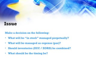 Issue Make a decision on the following: What will be “in stock” managed perpetually? What will be managed as expense (par)? Should inventories (ZCC / ZORD) be combined? What should be the timing be? 
