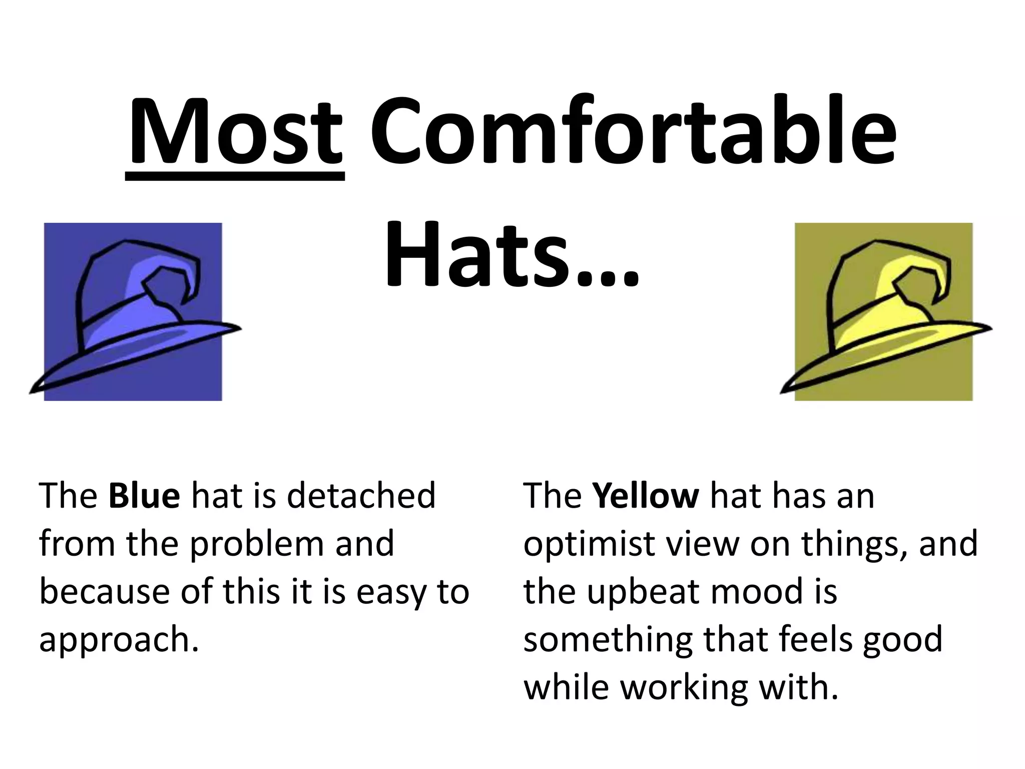 Most Comfortable
          Hats…

The Blue hat is detached        The Yellow hat has an
from the problem and            optimist view on things, and
because of this it is easy to   the upbeat mood is
approach.                       something that feels good
                                while working with.
 