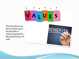 This hat shows we
have to look upon
the benefits n
values acquired by
the performance of
task.
 