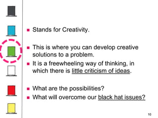 10
 Stands for Creativity.
 This is where you can develop creative
solutions to a problem.
 It is a freewheeling way of thinking, in
which there is little criticism of ideas.
 What are the possibilities?
 What will overcome our black hat issues?
 