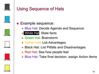 16
Using Sequence of Hats
 Example sequence:
 Blue Hat: Decide Agenda and Sequence
 White Hat: State facts
 Green Hat: Brainstorm
 Yellow Hat: List Advantages
 Black Hat: List Pitfalls and Disadvantages
 Red Hat: See how people feel
 Blue Hat: Take final decision, assign Action Items
 