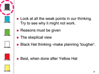 8
 Look at all the weak points in our thinking.
Try to see why it might not work.
 Reasons must be given
 The skeptical view
 Black Hat thinking -make planning 'tougher'.
 Best, when done after Yellow Hat
 