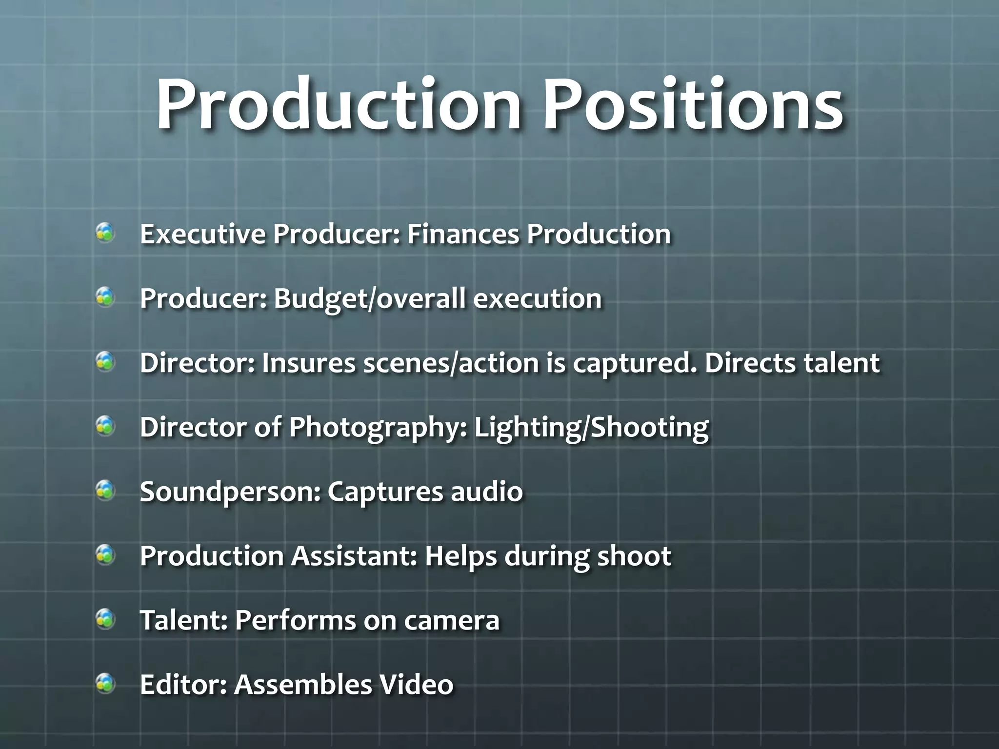 Production Positions
Executive Producer: Finances Production
Producer: Budget/overall execution
Director: Insures scenes/action is captured. Directs talent
Director of Photography: Lighting/Shooting
Soundperson: Captures audio
Production Assistant: Helps during shoot
Talent: Performs on camera
Editor: Assembles Video
 
