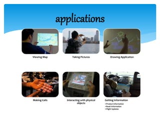 applications
Viewing Map Taking Pictures Drawing Application
Making Calls Interacting with physical
objects
Getting Information
•Product information
•Book Information
•Flight Updates
 