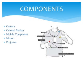  Camera
 Colored Marker.
 Mobile Component
 Mirror
 Projector
COMPONENTS
 