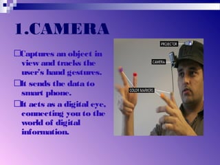 1.CAMERA
Captures an object in
view and tracks the
user’s hand gestures.
It sends the data to
smart phone.
It acts as a digital eye,
connecting you to the
world of digital
information.
 