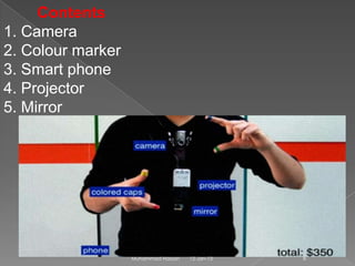 Contents
1. Camera
2. Colour marker
3. Smart phone
4. Projector
5. Mirror




                   Muhammad Hassan   12-Jan-13   6
 